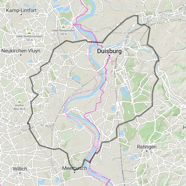 Map miniature of "Düsseldorf Road Adventure" cycling inspiration in Düsseldorf, Germany. Generated by Tarmacs.app cycling route planner