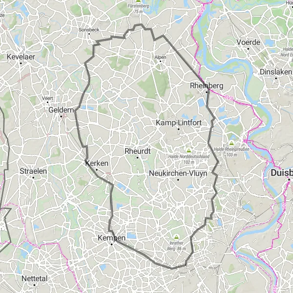 Map miniature of "Krefeld Historical loop via Kempen and Moers" cycling inspiration in Düsseldorf, Germany. Generated by Tarmacs.app cycling route planner