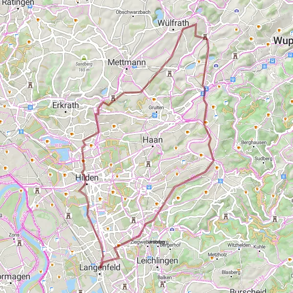 Map miniature of "Gravel Adventure in Hilden" cycling inspiration in Düsseldorf, Germany. Generated by Tarmacs.app cycling route planner