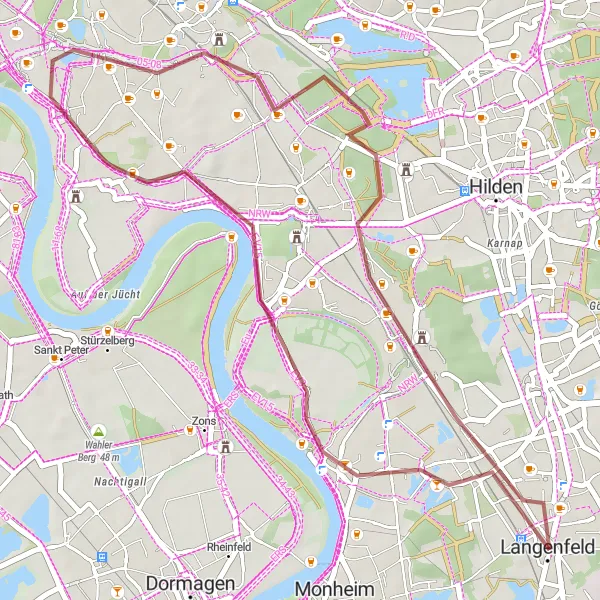 Map miniature of "The Gravel Escape" cycling inspiration in Düsseldorf, Germany. Generated by Tarmacs.app cycling route planner