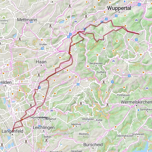 Karten-Miniaturansicht der Radinspiration "Hügelige Graveltour durch das Bergische Land" in Düsseldorf, Germany. Erstellt vom Tarmacs.app-Routenplaner für Radtouren