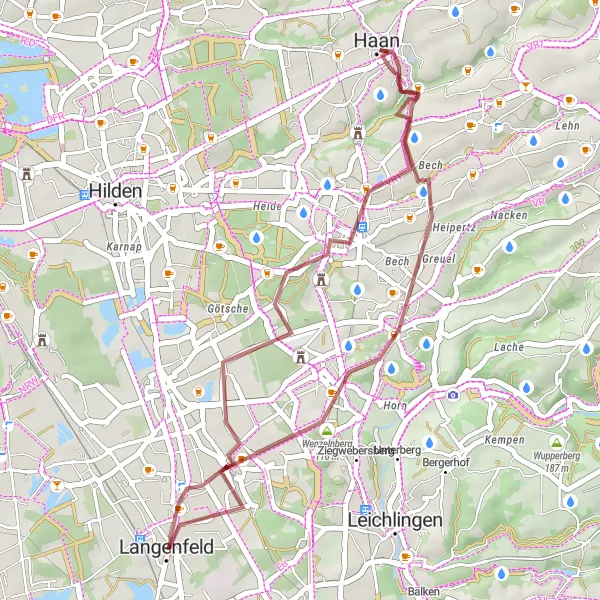 Karten-Miniaturansicht der Radinspiration "Kleine Graveltour durch das Bergische Land" in Düsseldorf, Germany. Erstellt vom Tarmacs.app-Routenplaner für Radtouren