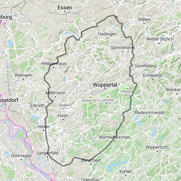Map miniature of "The Bergisches Land Road Challenge" cycling inspiration in Düsseldorf, Germany. Generated by Tarmacs.app cycling route planner
