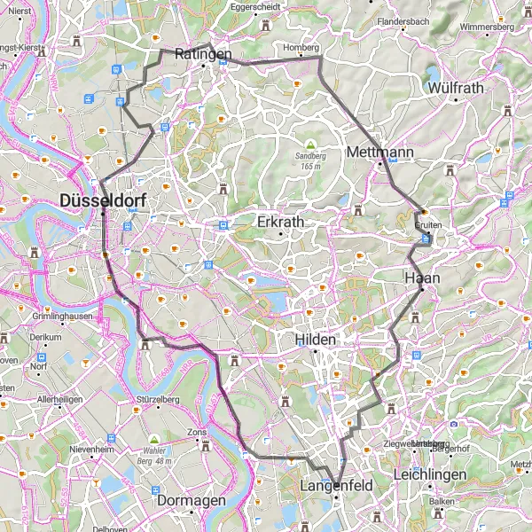 Karten-Miniaturansicht der Radinspiration "Von Langenfeld nach Langenfeld über Itter und Mettmann" in Düsseldorf, Germany. Erstellt vom Tarmacs.app-Routenplaner für Radtouren