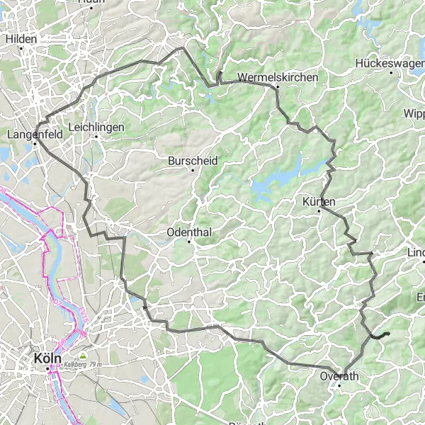 Karten-Miniaturansicht der Radinspiration "Von Langenfeld nach Langenfeld über Wenzelnberg und Dörrenberg" in Düsseldorf, Germany. Erstellt vom Tarmacs.app-Routenplaner für Radtouren