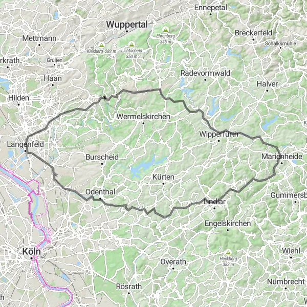 Karten-Miniaturansicht der Radinspiration "Von Langenfeld nach Langenfeld über Wenzelnberg und Müngstener Brücke" in Düsseldorf, Germany. Erstellt vom Tarmacs.app-Routenplaner für Radtouren