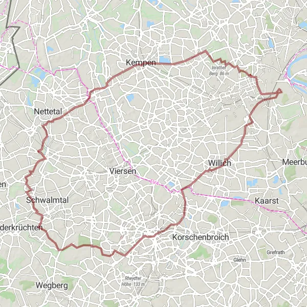Map miniature of "Linn to Linn via Willich and Hüls" cycling inspiration in Düsseldorf, Germany. Generated by Tarmacs.app cycling route planner