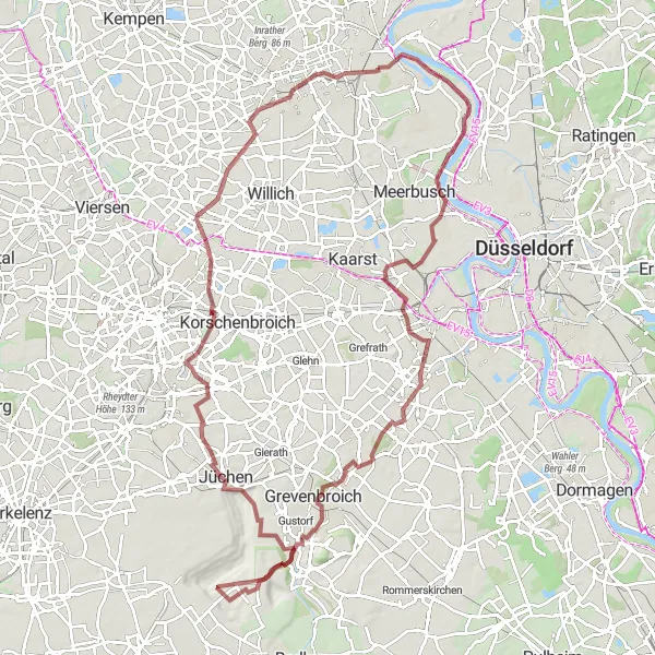 Map miniature of "Linn to Linn via Büderich, Helpenstein, and Jüchen" cycling inspiration in Düsseldorf, Germany. Generated by Tarmacs.app cycling route planner