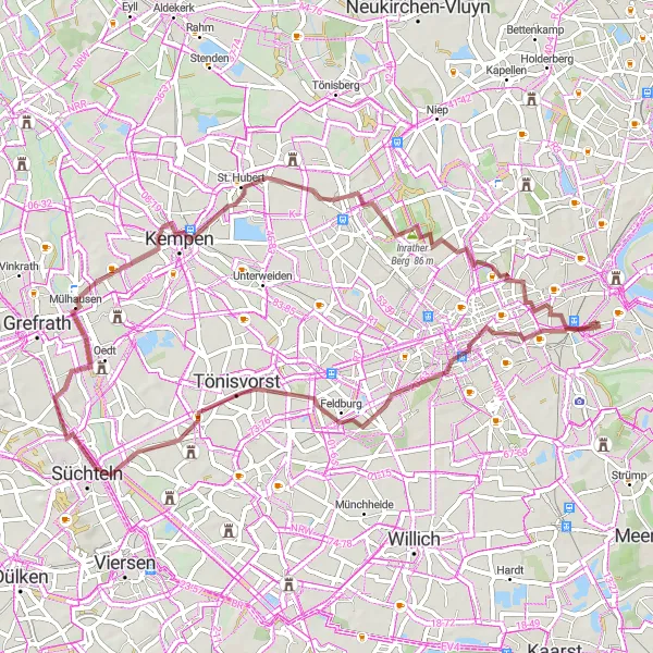 Map miniature of "Through Oppum's Landscapes" cycling inspiration in Düsseldorf, Germany. Generated by Tarmacs.app cycling route planner