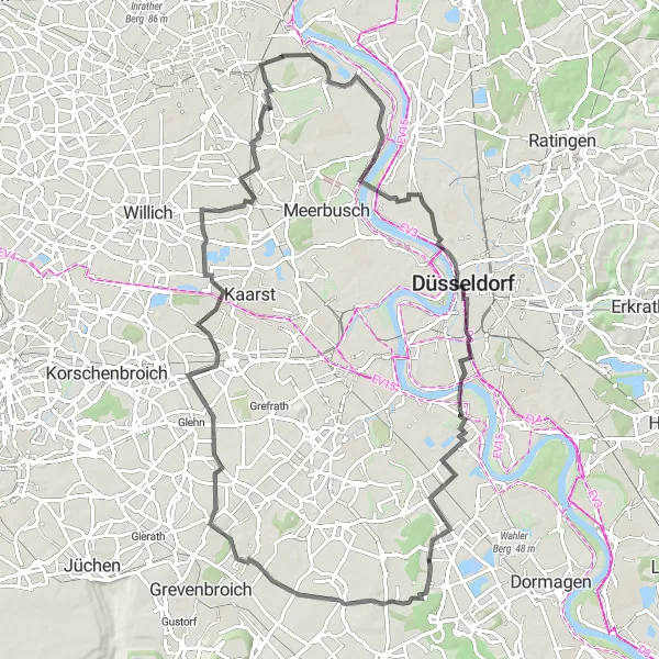 Karten-Miniaturansicht der Radinspiration "Rhein-Rundfahrt ab Linn" in Düsseldorf, Germany. Erstellt vom Tarmacs.app-Routenplaner für Radtouren