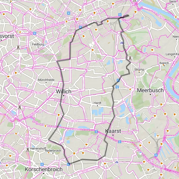 Map miniature of "Linn to Linn via Osterath and Willich" cycling inspiration in Düsseldorf, Germany. Generated by Tarmacs.app cycling route planner