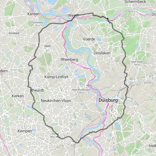 Map miniature of "Linn to Linn via Kapuzinerberg and Burg Winnenthal" cycling inspiration in Düsseldorf, Germany. Generated by Tarmacs.app cycling route planner