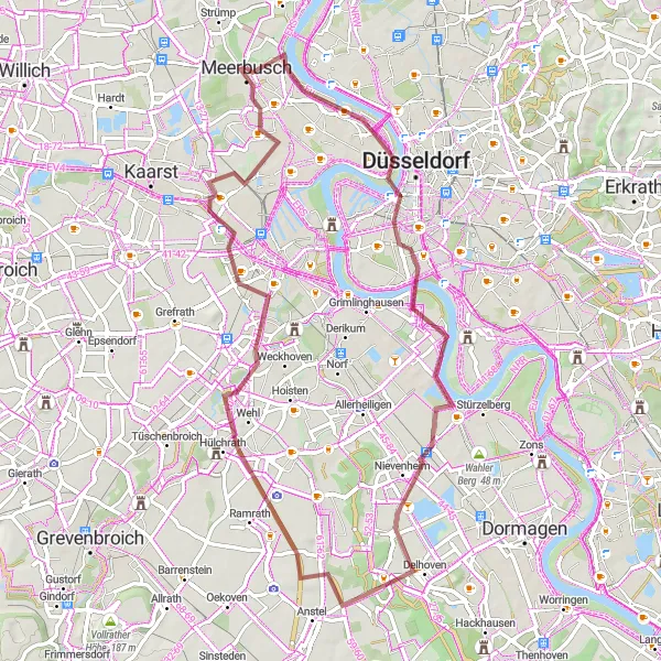 Map miniature of "Hidden Villages and Castles" cycling inspiration in Düsseldorf, Germany. Generated by Tarmacs.app cycling route planner