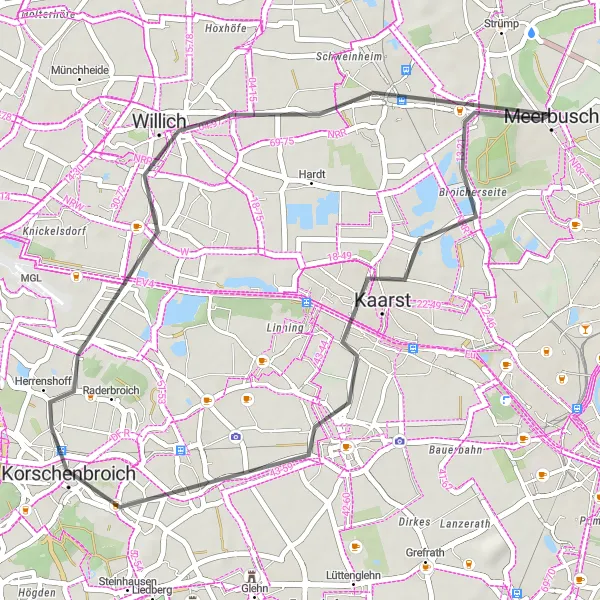 Map miniature of "Kaarst and Korschenbroich Highlights" cycling inspiration in Düsseldorf, Germany. Generated by Tarmacs.app cycling route planner