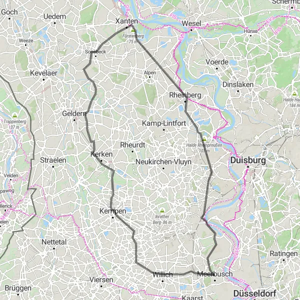 Karten-Miniaturansicht der Radinspiration "Auf den Spuren des Niederrheins" in Düsseldorf, Germany. Erstellt vom Tarmacs.app-Routenplaner für Radtouren