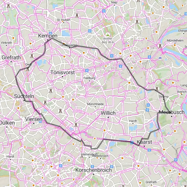 Map miniature of "Discover Nordkanal and Kempen Beauty" cycling inspiration in Düsseldorf, Germany. Generated by Tarmacs.app cycling route planner