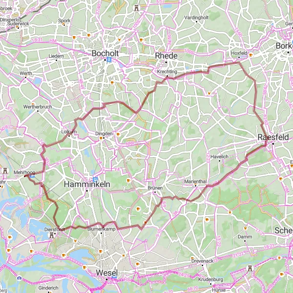 Map miniature of "Gravel Adventure in the Countryside" cycling inspiration in Düsseldorf, Germany. Generated by Tarmacs.app cycling route planner