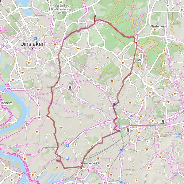 Map miniature of "Exploring Meiderich through Gravel Paths" cycling inspiration in Düsseldorf, Germany. Generated by Tarmacs.app cycling route planner