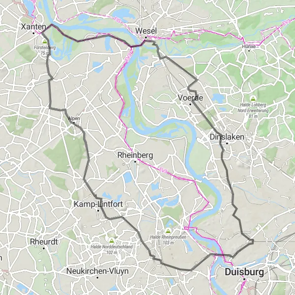Map miniature of "Discovering the Natural Beauty of Meiderich" cycling inspiration in Düsseldorf, Germany. Generated by Tarmacs.app cycling route planner