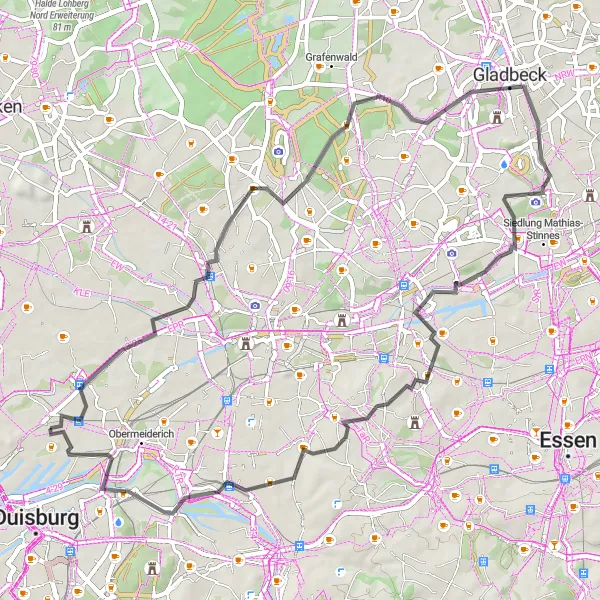 Map miniature of "Industrial Heritage and Scenic Landscapes" cycling inspiration in Düsseldorf, Germany. Generated by Tarmacs.app cycling route planner