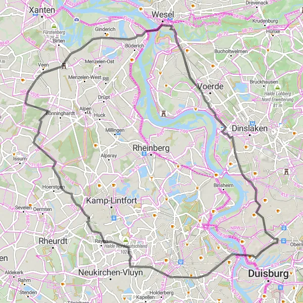 Karten-Miniaturansicht der Radinspiration "Naturerlebnis und kulturelle Schätze entlang des Rheins" in Düsseldorf, Germany. Erstellt vom Tarmacs.app-Routenplaner für Radtouren