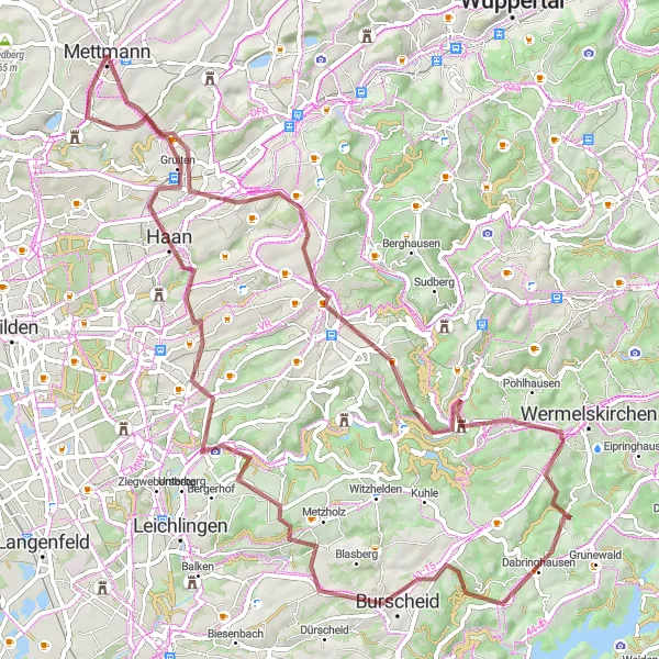 Map miniature of "Burscheid Adventure" cycling inspiration in Düsseldorf, Germany. Generated by Tarmacs.app cycling route planner