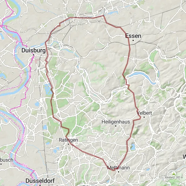 Map miniature of "Gravel Adventure through Mettmann" cycling inspiration in Düsseldorf, Germany. Generated by Tarmacs.app cycling route planner