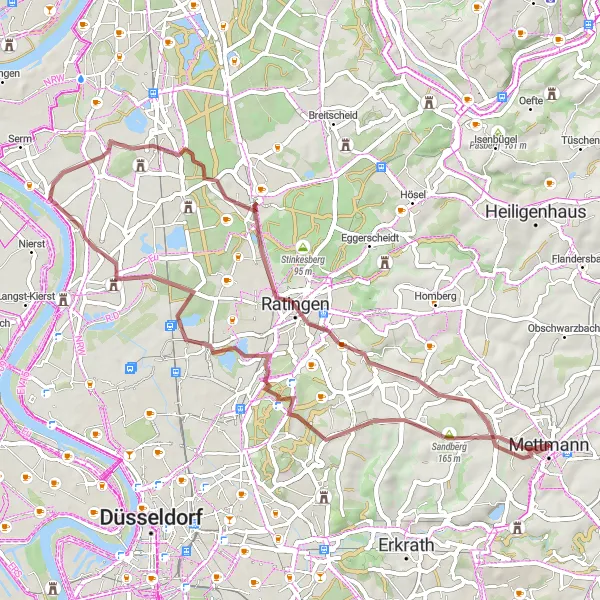 Map miniature of "Sandberg Gravel Adventure" cycling inspiration in Düsseldorf, Germany. Generated by Tarmacs.app cycling route planner