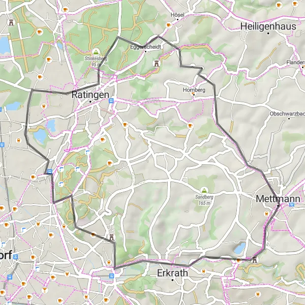 Map miniature of "Road Cycling Adventure from Mettmann to Ratingen and Essen" cycling inspiration in Düsseldorf, Germany. Generated by Tarmacs.app cycling route planner