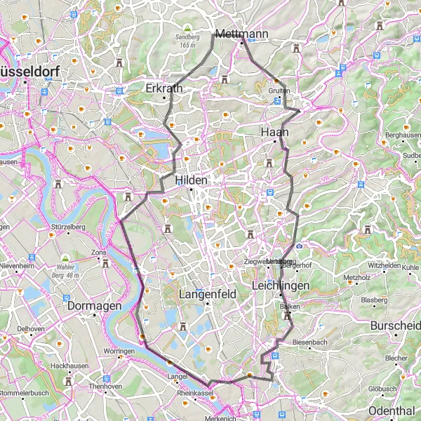 Map miniature of "Hidden Treasures of Mettmann Road Cycling" cycling inspiration in Düsseldorf, Germany. Generated by Tarmacs.app cycling route planner
