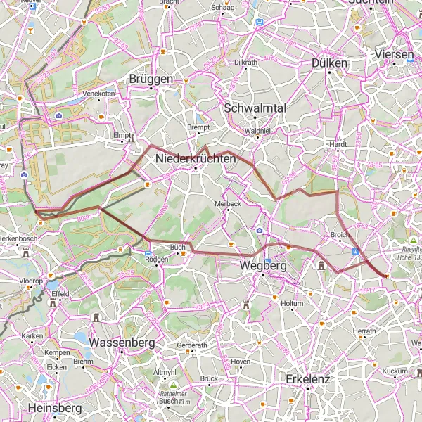 Map miniature of "Through Nature and History" cycling inspiration in Düsseldorf, Germany. Generated by Tarmacs.app cycling route planner