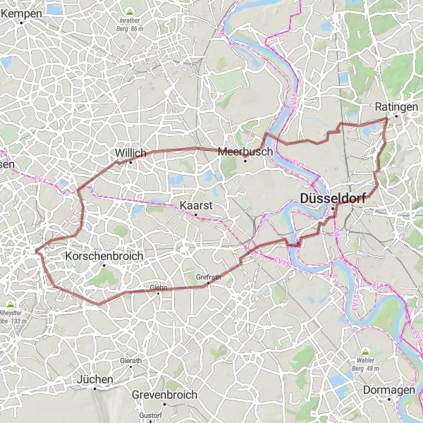 Karten-Miniaturansicht der Radinspiration "Gravel-Abenteuer nach Meerbusch und Neuss" in Düsseldorf, Germany. Erstellt vom Tarmacs.app-Routenplaner für Radtouren