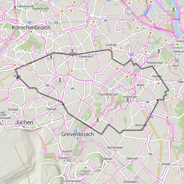 Map miniature of "Grefrath Adventure" cycling inspiration in Düsseldorf, Germany. Generated by Tarmacs.app cycling route planner