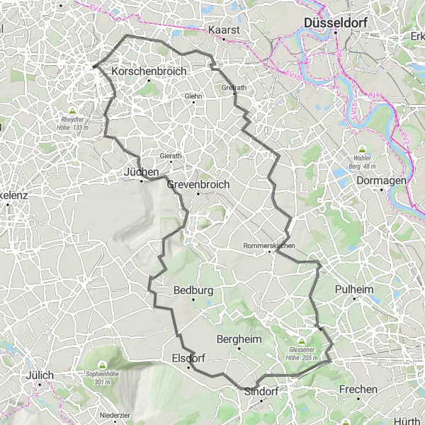Map miniature of "Jüchen Grand Tour" cycling inspiration in Düsseldorf, Germany. Generated by Tarmacs.app cycling route planner