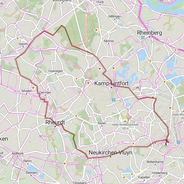 Map miniature of "The Gravel Scenic Route" cycling inspiration in Düsseldorf, Germany. Generated by Tarmacs.app cycling route planner