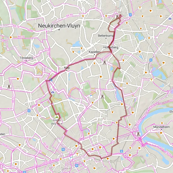 Map miniature of "The Short Gravel Escape" cycling inspiration in Düsseldorf, Germany. Generated by Tarmacs.app cycling route planner