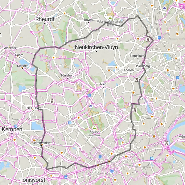 Karten-Miniaturansicht der Radinspiration "Rund um Krefeld" in Düsseldorf, Germany. Erstellt vom Tarmacs.app-Routenplaner für Radtouren