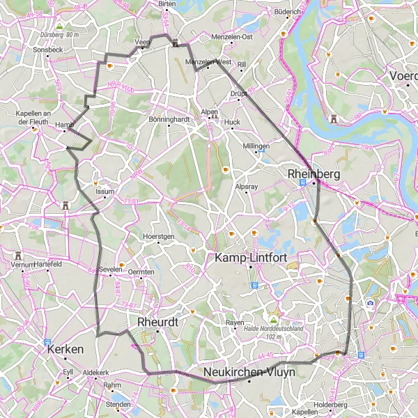 Map miniature of "Tranquil Countryside" cycling inspiration in Düsseldorf, Germany. Generated by Tarmacs.app cycling route planner