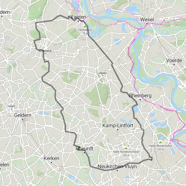 Karten-Miniaturansicht der Radinspiration "Radtour durch Xanten und Sonsbeck" in Düsseldorf, Germany. Erstellt vom Tarmacs.app-Routenplaner für Radtouren