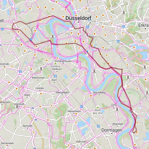 Map miniature of "Monheim am Rhein Gravel Adventure" cycling inspiration in Düsseldorf, Germany. Generated by Tarmacs.app cycling route planner