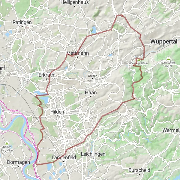 Map miniature of "Monheim am Rhein - Garath - Seeblick - Mettmann - Rheinkalk Werk Wülfrath - Kiesberg - Sonnborn - Solingen - Wenzelnberg - City gate" cycling inspiration in Düsseldorf, Germany. Generated by Tarmacs.app cycling route planner