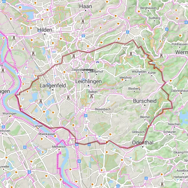 Karten-Miniaturansicht der Radinspiration "Gravel-Abenteuer von Hackhausen nach Hitdorf: 66 km purer Spaß" in Düsseldorf, Germany. Erstellt vom Tarmacs.app-Routenplaner für Radtouren