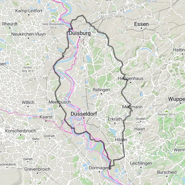 Map miniature of "Monheim am Rhein to Mülheim an der Ruhr" cycling inspiration in Düsseldorf, Germany. Generated by Tarmacs.app cycling route planner