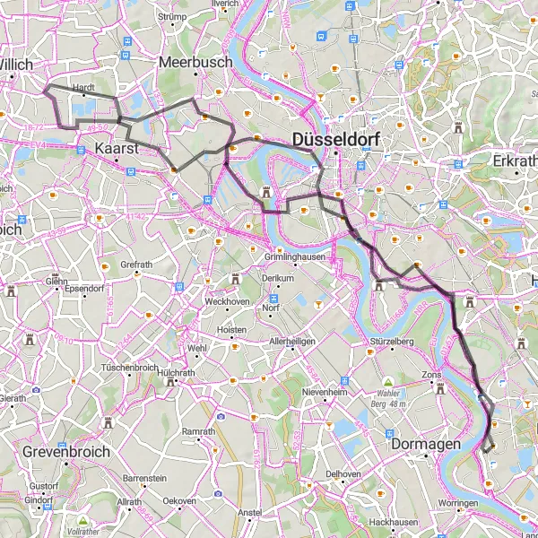 Map miniature of "Monheim am Rhein - Itter - Hamm - Gut Dyckhof - Kaarst - Rhine Tower - Schloss Benrath - City gate" cycling inspiration in Düsseldorf, Germany. Generated by Tarmacs.app cycling route planner