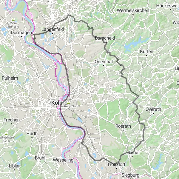 Map miniature of "Monheim am Rhein - Langenfeld - Wenzelnberg - Burscheid - Hoheberg - Herrenstrunden - Steinenbrück - Moltkeberg - Troisdorf - Deutz - Hohenzollernbrücke - Leverkusen" cycling inspiration in Düsseldorf, Germany. Generated by Tarmacs.app cycling route planner