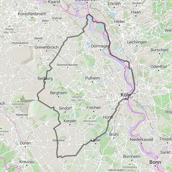 Karten-Miniaturansicht der Radinspiration "Epische Roadtour von Leverkusen nach Schelmenturm: 143 km purer Nervenkitzel" in Düsseldorf, Germany. Erstellt vom Tarmacs.app-Routenplaner für Radtouren