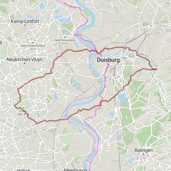 Karten-Miniaturansicht der Radinspiration "Mülheim-Palas-Aussichtsturm Hülser Berg" in Düsseldorf, Germany. Erstellt vom Tarmacs.app-Routenplaner für Radtouren