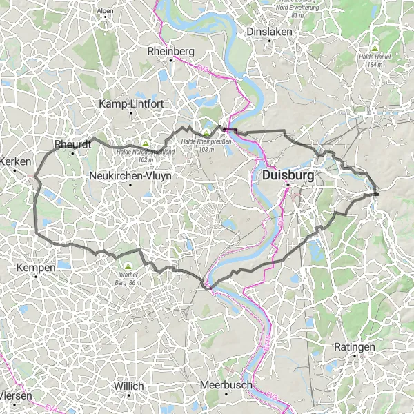 Map miniature of "The Scenic Road Trip" cycling inspiration in Düsseldorf, Germany. Generated by Tarmacs.app cycling route planner