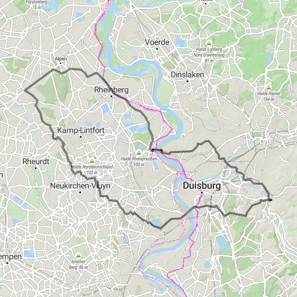 Map miniature of "Ruhr Valley Loop" cycling inspiration in Düsseldorf, Germany. Generated by Tarmacs.app cycling route planner