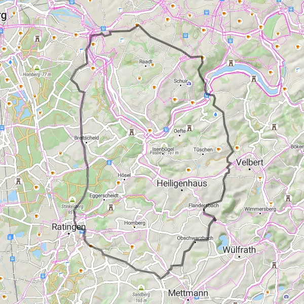 Karten-Miniaturansicht der Radinspiration "Mülheim-Flandersbach-Langer Berg" in Düsseldorf, Germany. Erstellt vom Tarmacs.app-Routenplaner für Radtouren